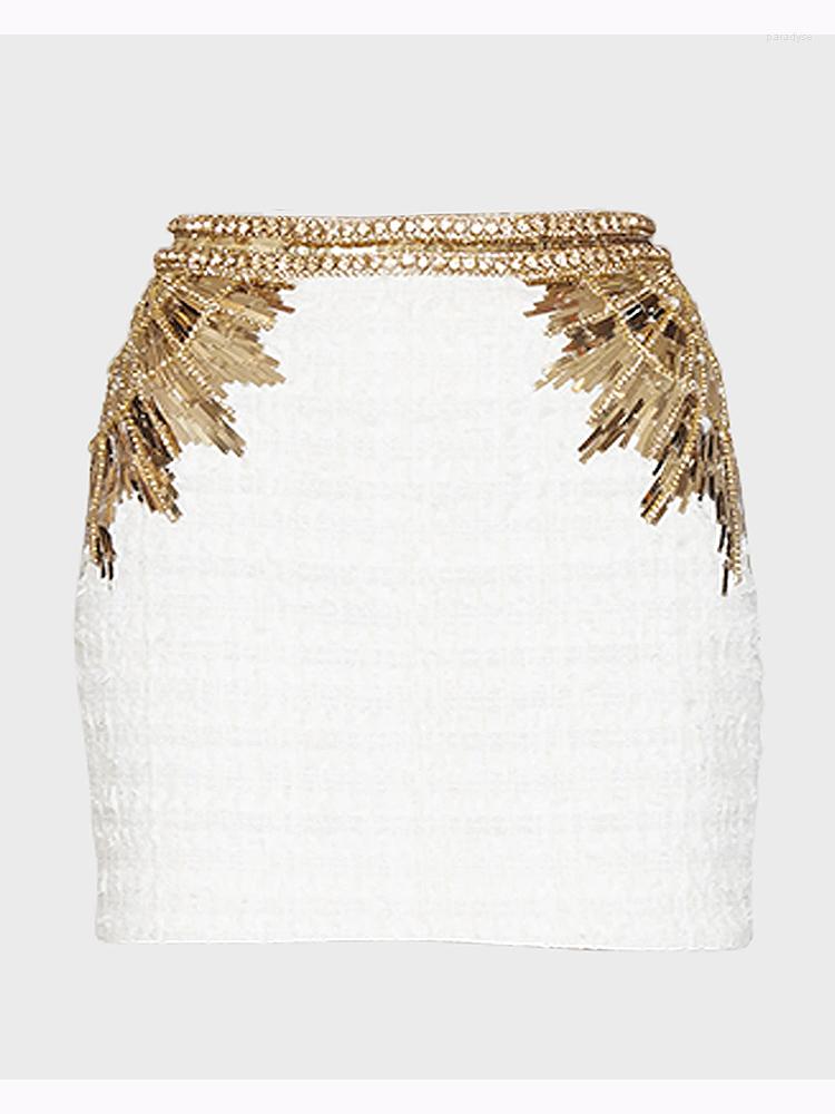 

Skirts HIGH STREET Est 2023 Designer Fashion Women' Stunning Metallic Diamonds Strass Handwork Beaded Tweed Mini Skirt, White
