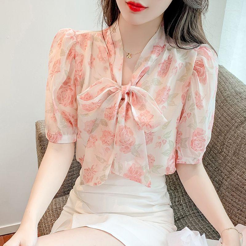 

Women's Blouses Summer Elegant Floral Printed Chiffon Women Fashion Bow Tie Loose Short Sleeve Shirt Casual Korean Female Clothing Tops, Purple