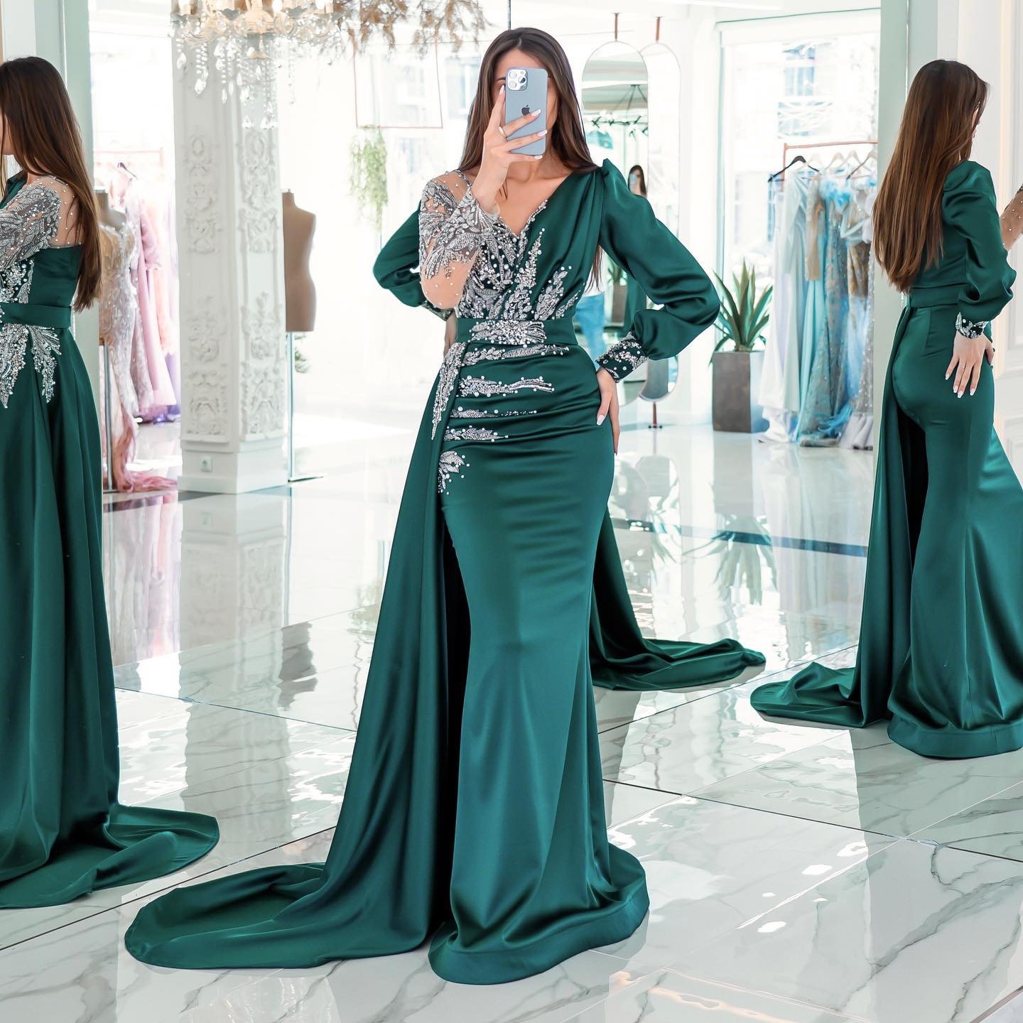

Dark Green Mermaid Prom Dresses 2023 Arabic V Neck Beading Evening Gowns Long Sleeve Women Party Dress, Lavender