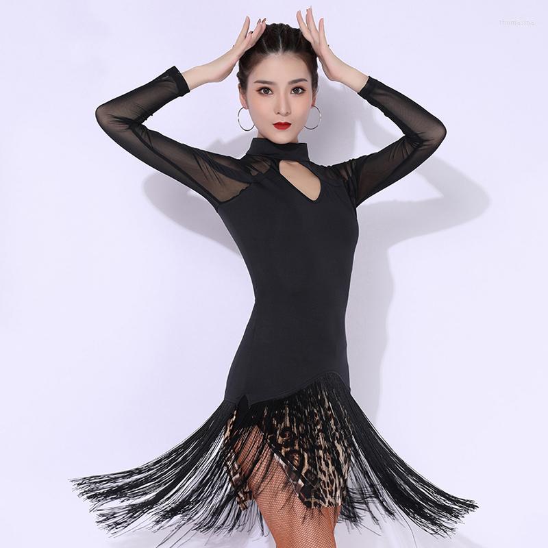 

Stage Wear Fringe Latin Dress Women Mesh Tango Dancewear Black Salsa Clothing Samba Rumba Dancing Outfit Performance Costume DL9812, Only dress