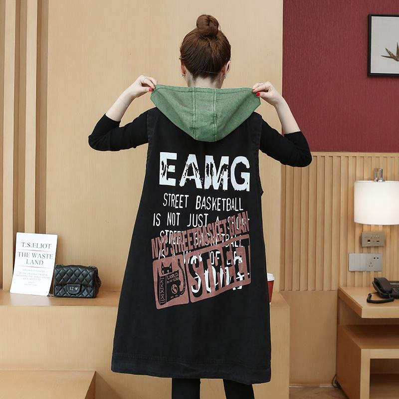 

Vests korean fashion vest women loose color matching sticker pocket hooded denim vest women jacket sleeveless jacket women