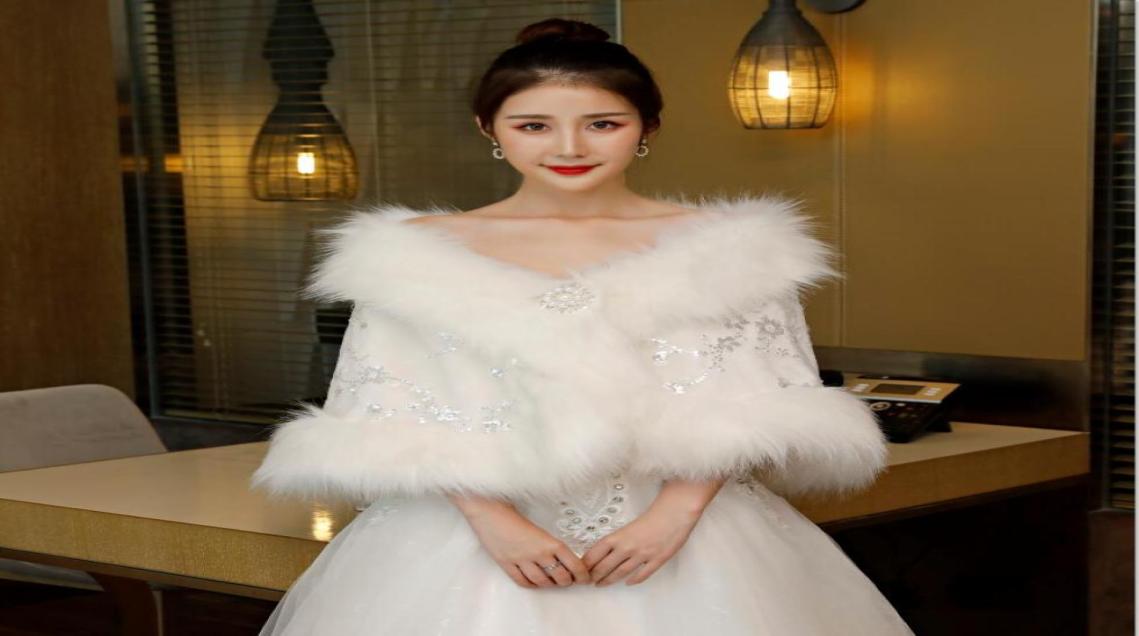 

Attractive Long Fur Wedding Bridal Jacket With Sequins Off The Shoulder Wrap Bridal Accessories For Wedding Dress7438456, Ivory