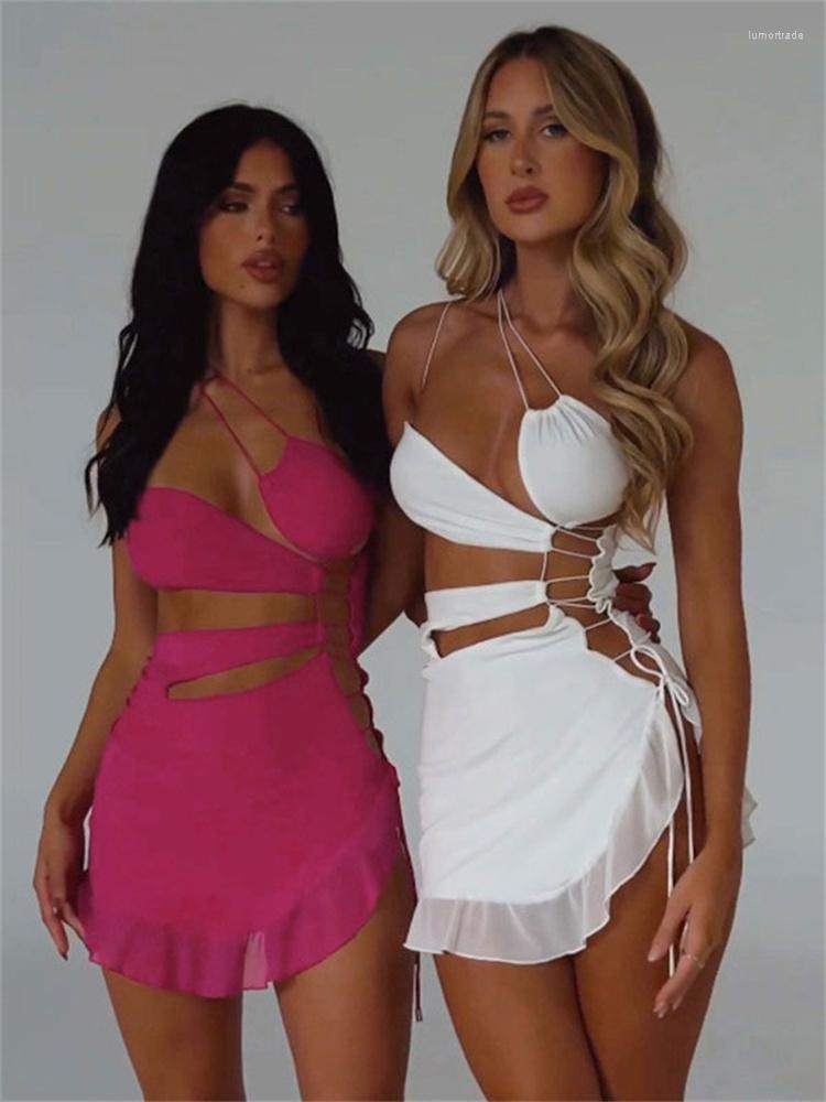 

Casual Dresses Tossy Hollow Out Patchwork Lace-Up Mini Dress Ruffled Sexy For Women Solid Backless Nightclub Outfits Bandage Slim Y2k, Pink