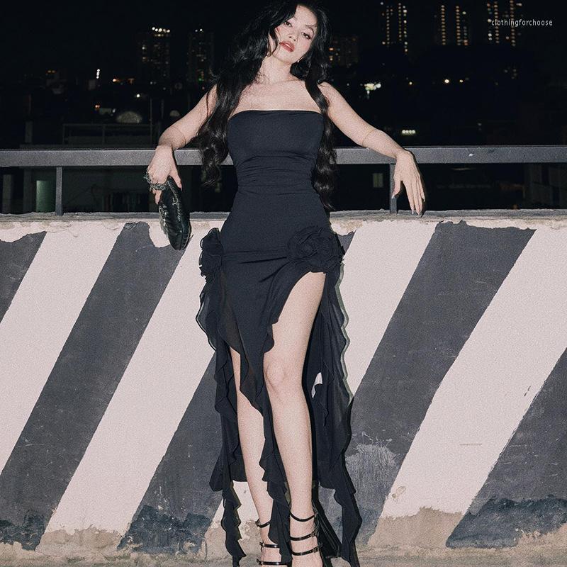 

Casual Dresses Ins Style Women' Dress Sexy Chest Wrap Panel Lace Open Leg Split Middle Women Slash Neck, Black