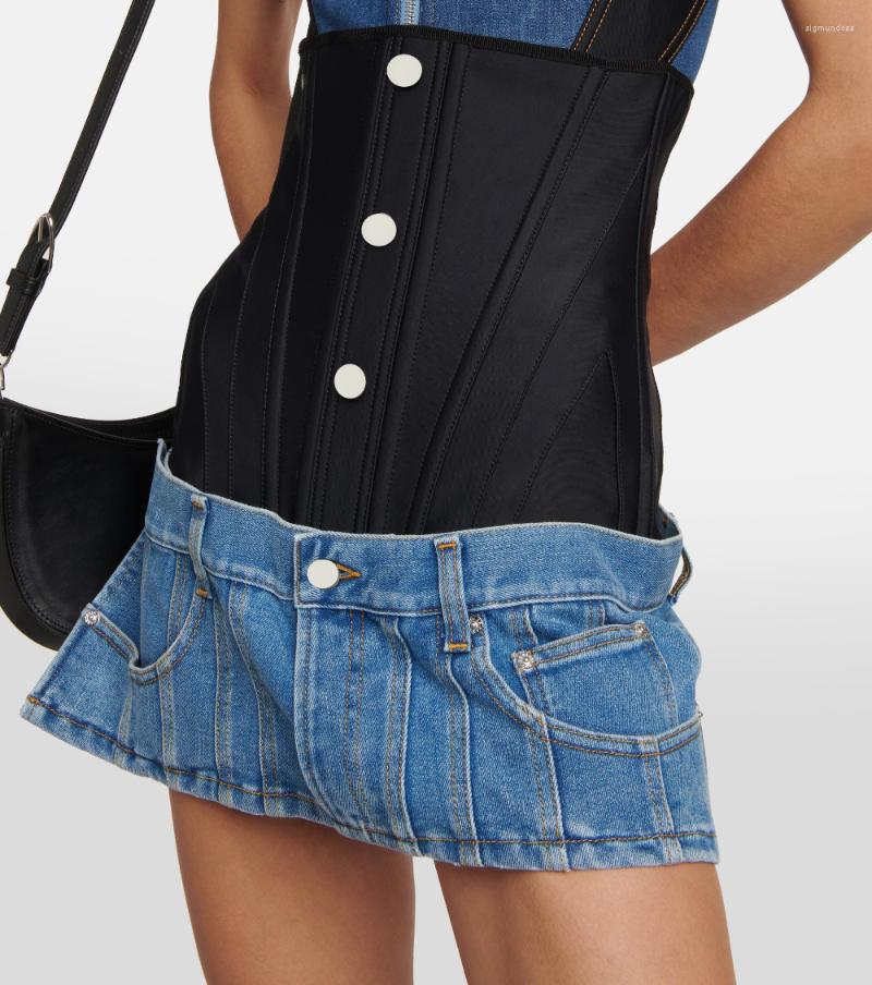 

Skirts High Quality Designer Women Fashion Slim Fishbone Denim Patchwork Single Breasted Waist Mini Skirt, Blue