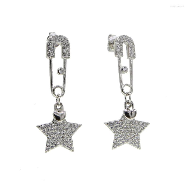 

Dangle Earrings Safety Pin With Star And Heart Danle For Women Gothic Fashion White Crystal CZ Female Korean Jewelry Ear Cuff