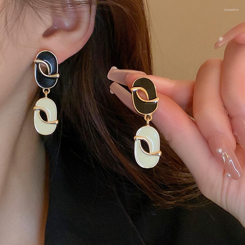 

Dangle Earrings Minar Korea Black White Contrast Color Enamel Earring For Women Lady Gold Plated Copper Hollow Geometric Long Drop 2023