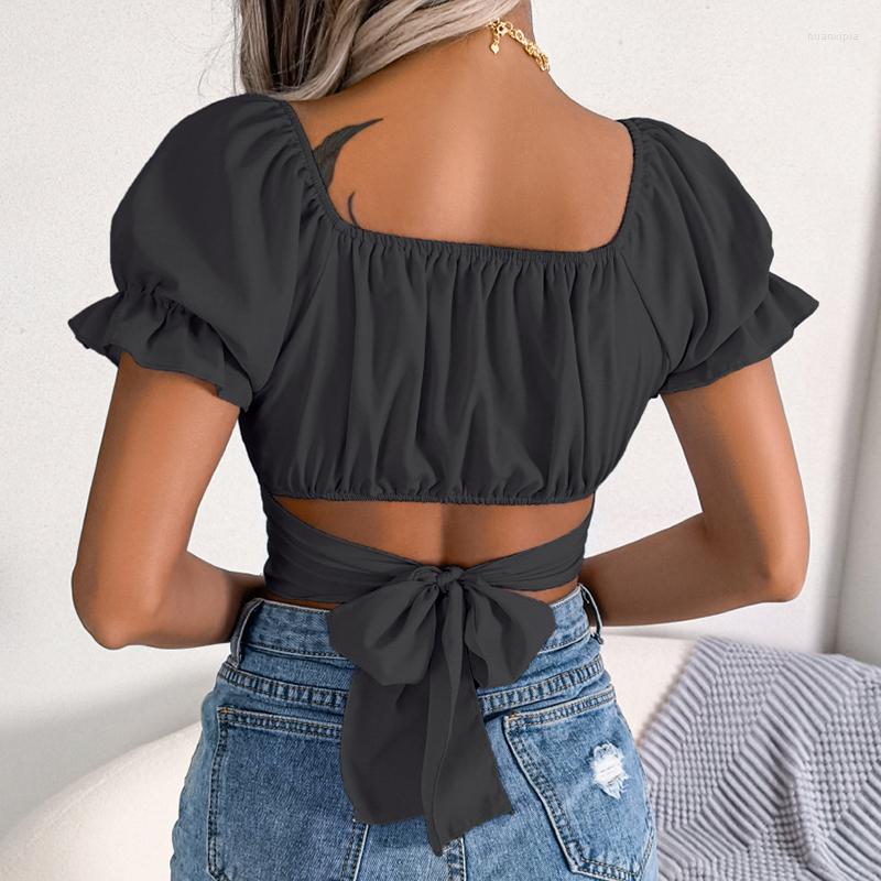 

Women' Blouses Sexy Hollow Out Bow Lace-up Crop Top 2023 Summer Women Bustier Corset Blouse Fashion Backless Square Collar Short Sleeve, Green