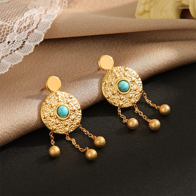 

Dangle Earrings Blue Turquoise Inlay Creative For Women Vintage Simple Stainless Steel Round Pendant Earring Jewelry Acessories