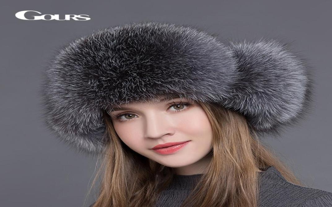 

Gours Fur Hat for Women Natural Raccoon Fox Fur Russian Ushanka Hats Winter Thick Warm Ears Fashion Bomber Cap Black New Arrival L4136212