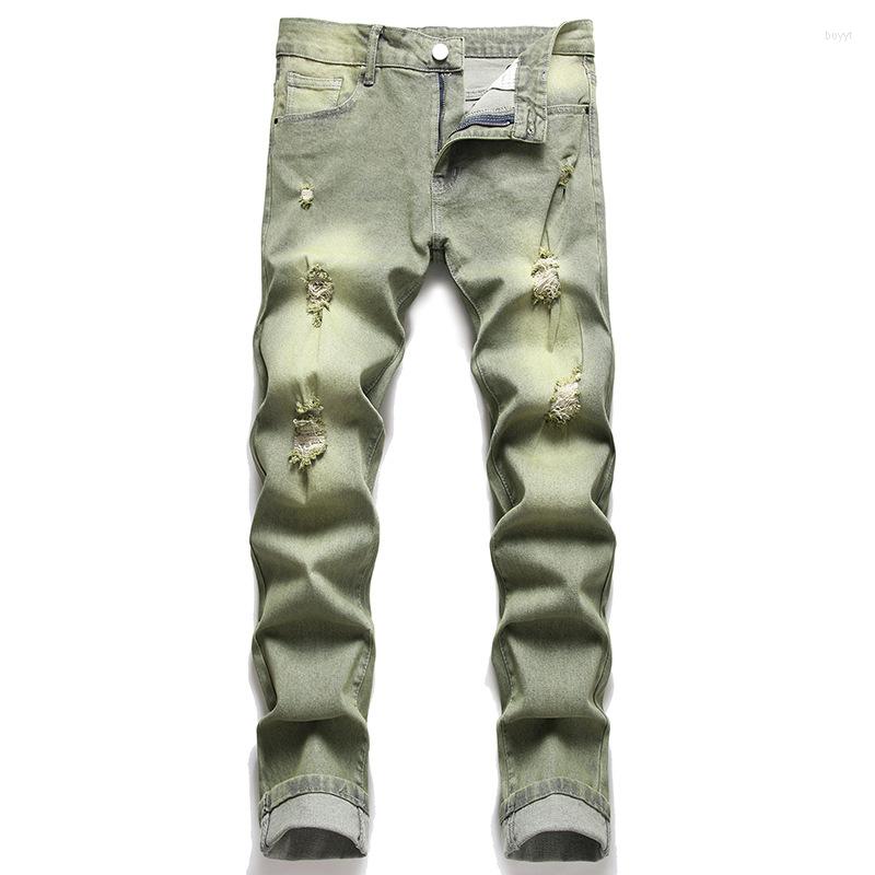 

Men's Jeans Ripped Slim-Fit Men's Summer Straight Stretch Denim Pants Casual Grass Green Pantalones Para Hombre Vaqueros, 1310