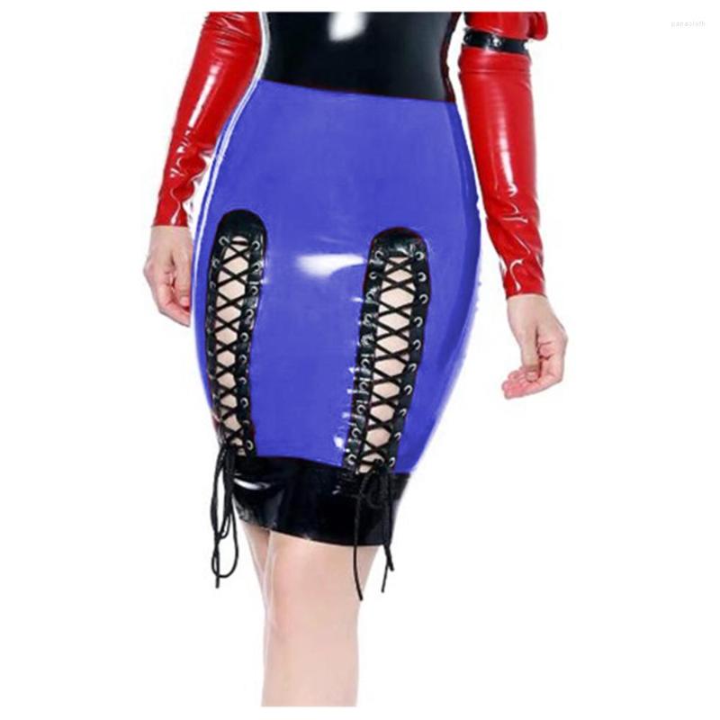 

Skirts Shiny PVC Leather Sexy High Waist Bondage Pencil Hollow Out Lace-up Madi Skirt Slim Fit Hobble Restricted Fetish, Red