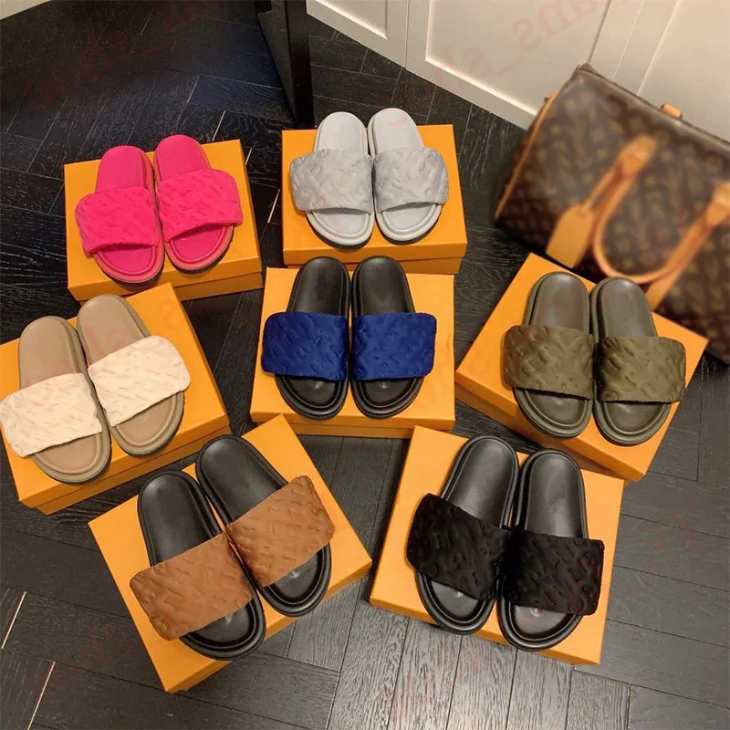 

Summer Pool Pillow Mules Sandals Fashion Padded Front Strap Designer Sliders Flat Heels Classic Prints Women Slippers, 16#