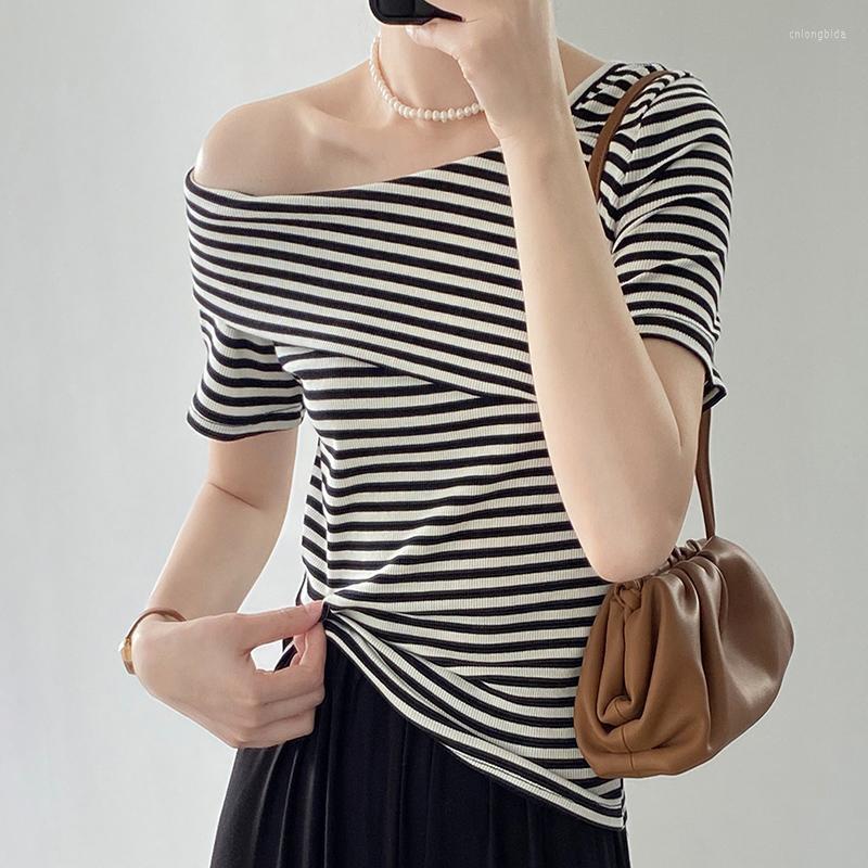 

Women's T Shirts 2023 Summer Women's Stripe T-shirt Design Off Shoulder Short Sleeve Slim Fit Top 3151, Black