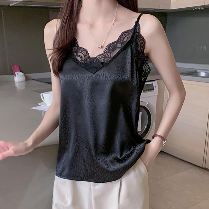 

Women' Tanks Shintimes Satin Lace Tank Top Women Clothes Haut Femme Summer Tops 2023 V-Neck White Cami Camisole Silk Vest Woman Ropa Mujer, Black