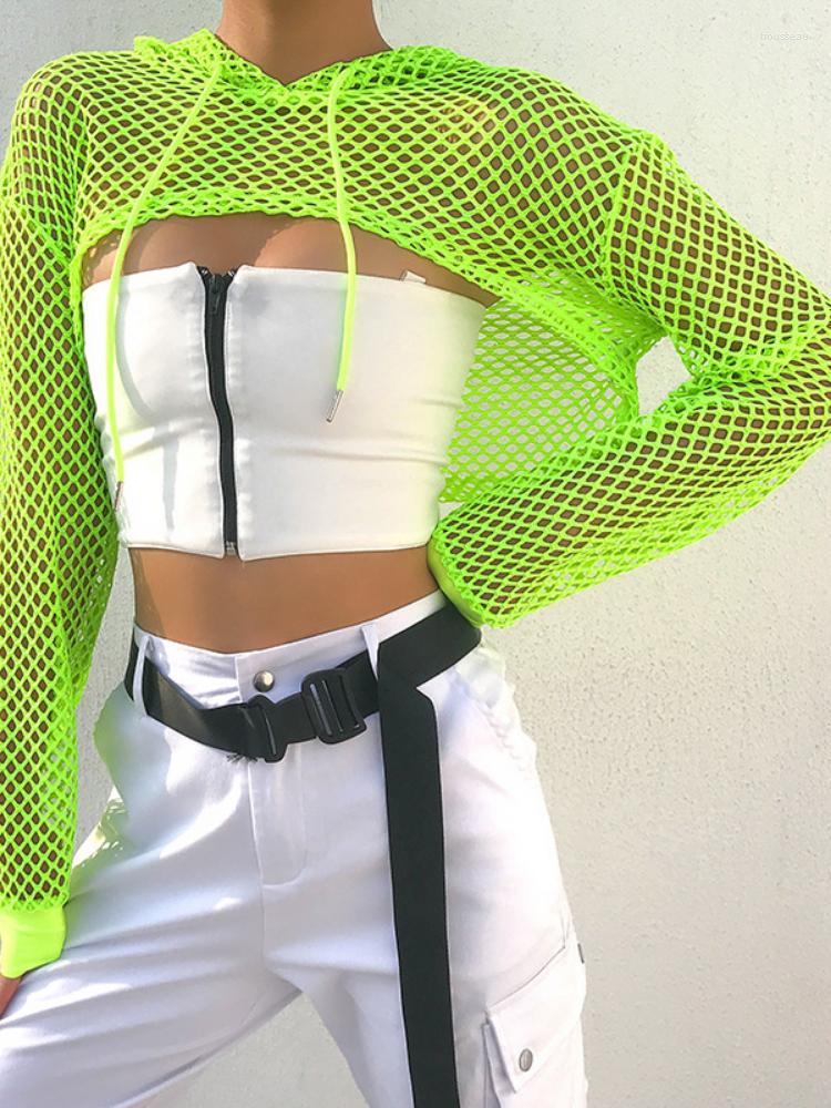 

Women' T Shirts 2023 Spring Streetwear Neon Green Mesh Fishnet Top Women Tshirt Perspective Long Sleeve Women' T-shirts Sexy Cropped, Black
