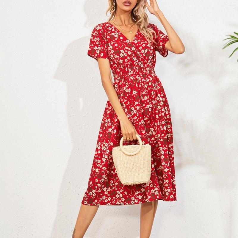 

Casual Dresses Women Summer Midi Floral Print Short Sleeve V-neck Dress Slim Waist Bodycon Loose Holiday Beach Style Sundress, Green