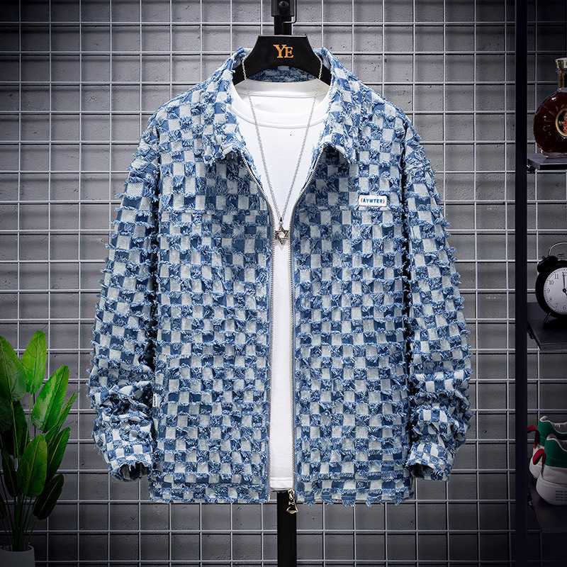 

Men's Jackets Mens Fashion Jacquard Plaid Denim Jacket Spring and Autumn Loose Casual Couple Clothes Personality Japanese Streetwear 230509, Denim blue