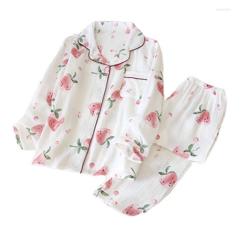 

Women's Sleepwear Cotton Crepe Fabric Long Sleeved Trousers Thin Pajamas Strawberry Printing Pijama Women Spring And Autumn, Pink strawberry