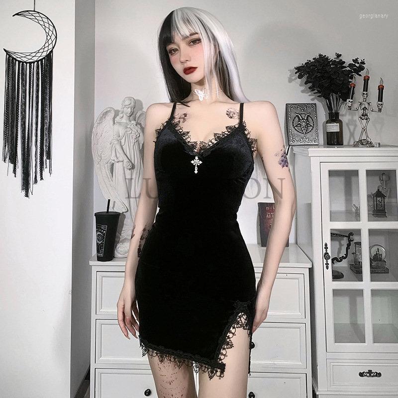

Casual Dresses Women Dress Lace Trim High Waist Bodycon Mini 2023 Summer E-girl Vintage Punk Harajuku Lolita Clothes, Black