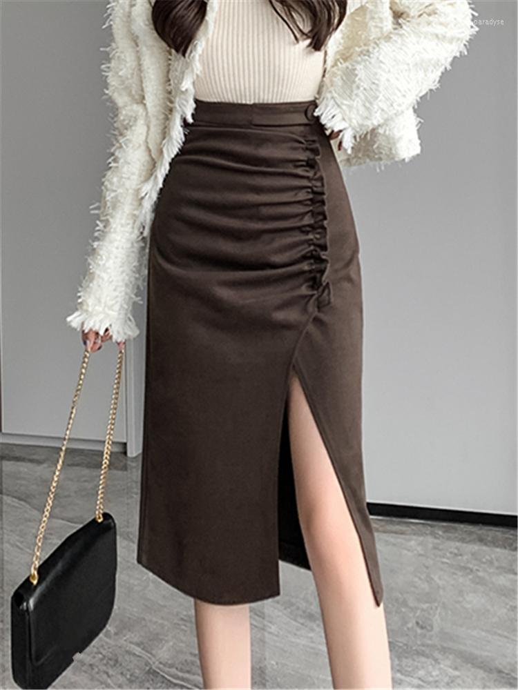 

Skirts Stylish Woolen Wrap Midi Women' 2023 High Waist Lace Up Front Split Sheath Pencil Autumn Winter, Black