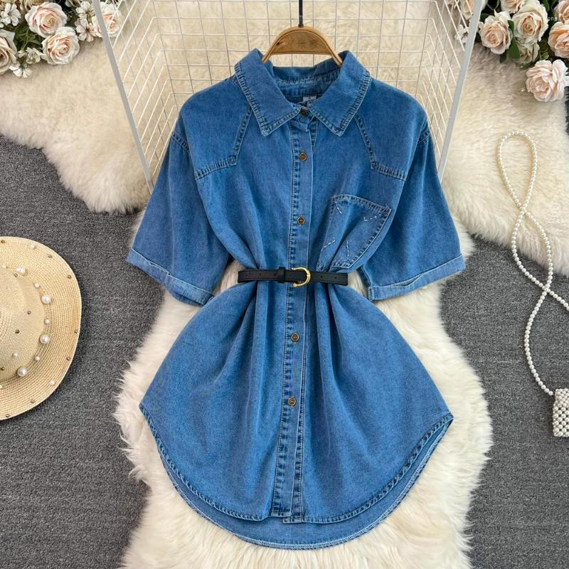 

Party Dresses Retro Short Sleeve Denim Shirt Dress Women 2023 Summer Korean Turn Down Collar Single-breasted Slim Belt, Light blue
