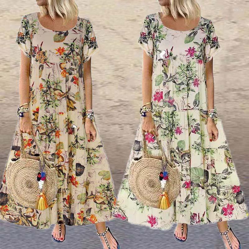 

Casual Dresses Summer Vintage Floral Women Long Dress Loose Short Sleeve Female Beach Holiday Party Vestidos, Beige