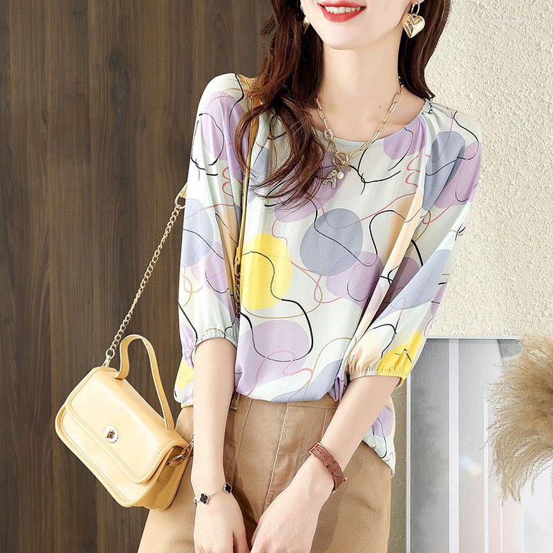 

Women's T Shirts 2023 Summer Style Leisure Chiffon Printing Pullovers Elegant Fashion Chic Round Neck Half Sleeve Women's Clothing, Lavender