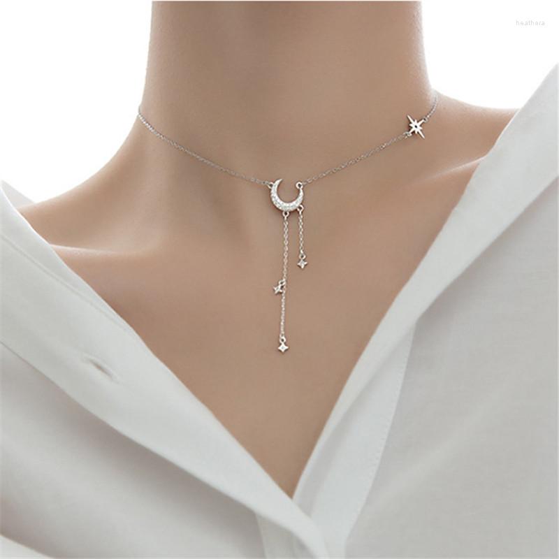 

Pendant Necklaces Silver Color Tassel Clavicle Long Chain Zircon Star Moon Pendent Choker Necklace For Women Wedding Jewelry Gift Dz428