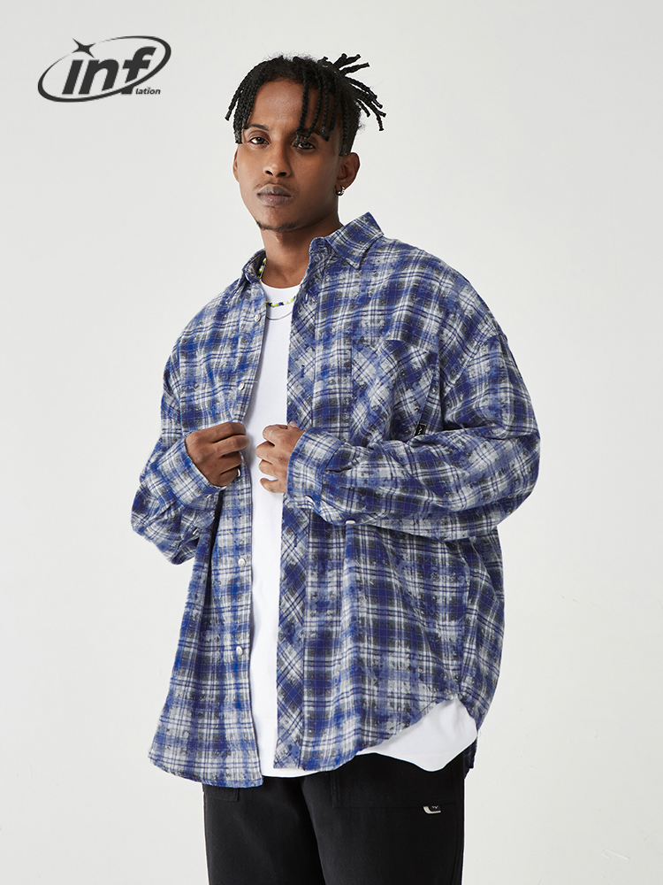 

Men's Casual Shirts INFLATION Brushed Check Men Blue Plaid Long Sleeve Oversized Male Plus Size 230508, Blue10