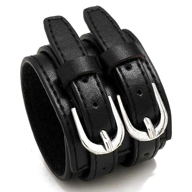 

Ornament Stitching Punk Personality Leather Bracelet Simple Wide Double Layer Mens