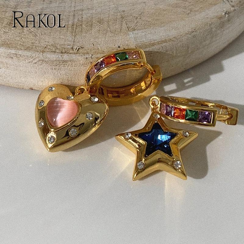 

Dangle Earrings RAKOL Pink Opal Heart Star Asymmetric For Woman 2023 Fashon Party Jewelry Accessories Anniversary Gift