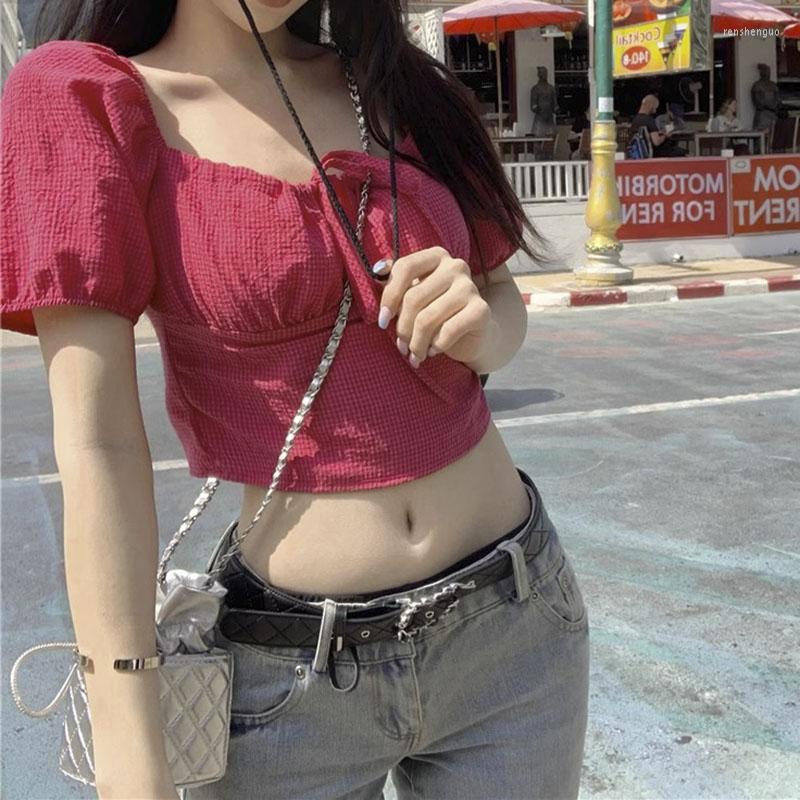 

Women's Blouses Summer Puff Sleeves Puffed Waist Cropped Plaid Shirt For Women's Lace-up Short-sleeved Top, Red