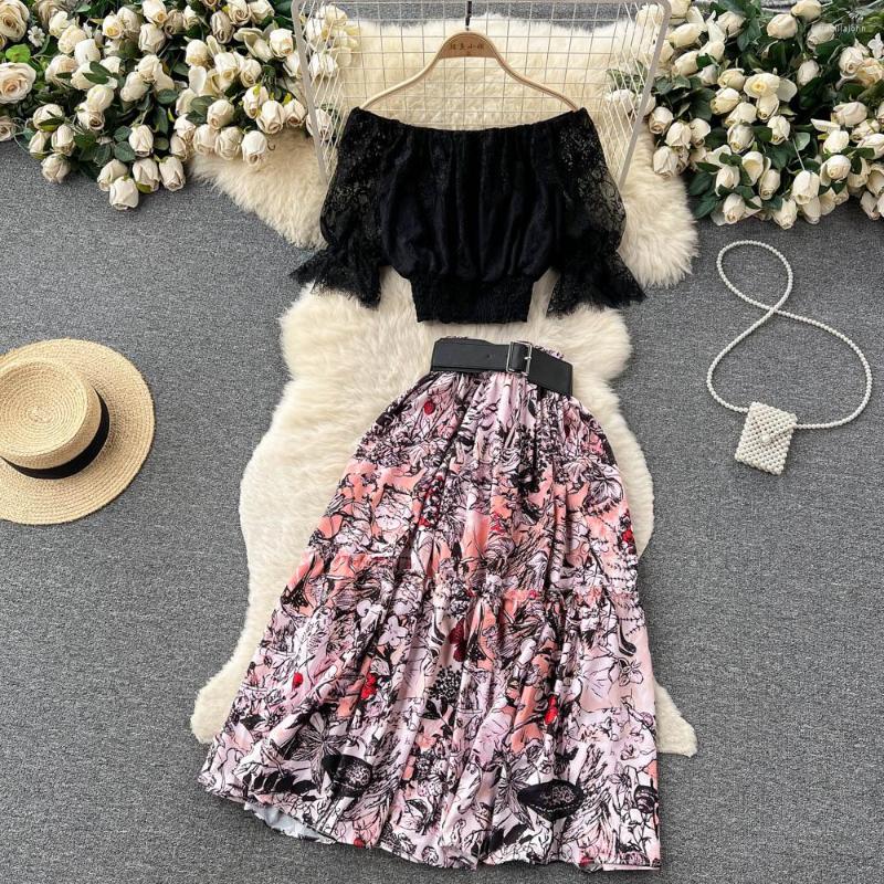 

Work Dresses Summer Luxury Fashion Set With A Waist Wrapped One Line Neck Lace Top Two Piece High Printed Skirt, Navy blue