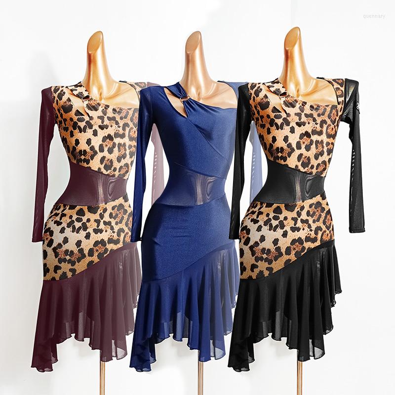 

Stage Wear Latin Dance Dress Lady Long Sleeved Sexy Irregular Practice Dresses Rumba Cha Samba Tango Performance Clothing Adults DN7332, Picture shown