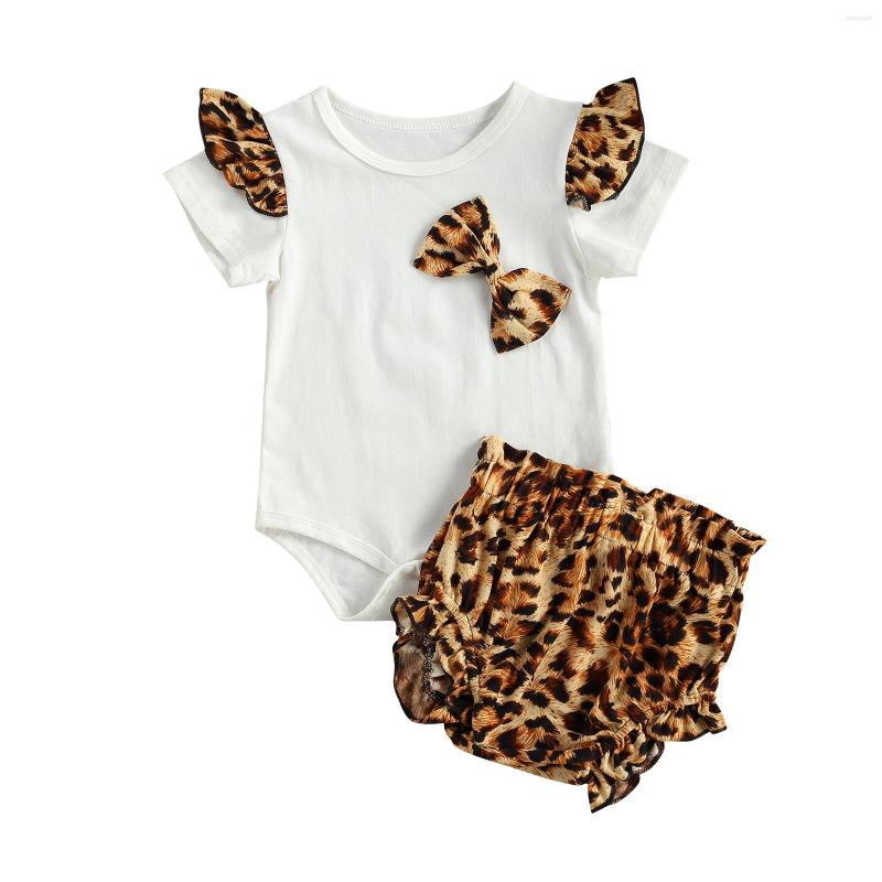 

Clothing Sets OPPERIAYA Two Piece Kids Baby Girls Summer Casual Clothes Fresh Bow Ruffles Short Sleeve Bodysuit And Leopard Triangle Shorts, Multi