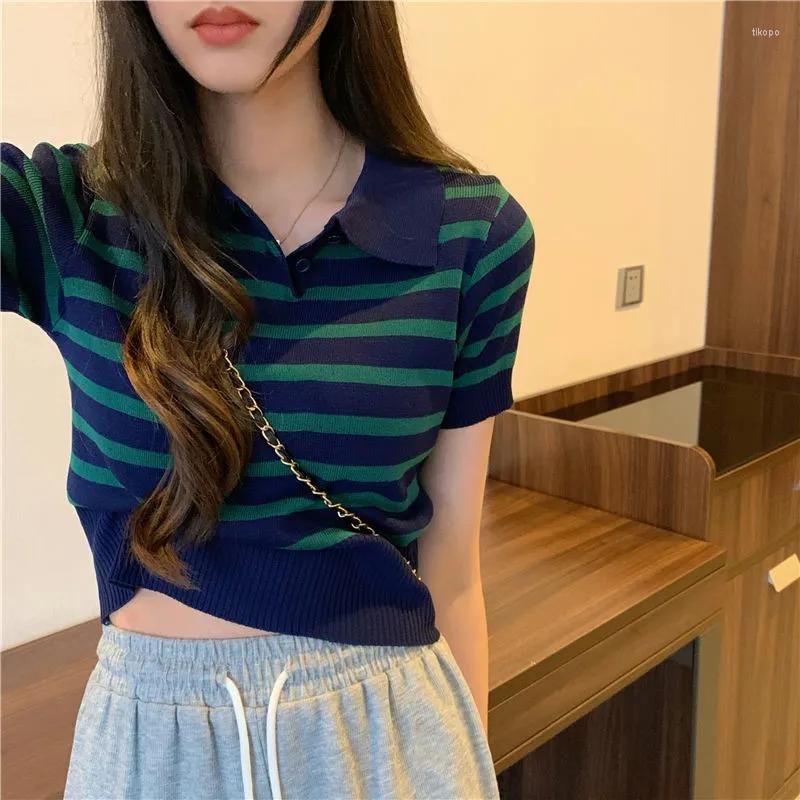 

Women's Polos Slim Short Sleeve T Shirt Fashion Woman Blouses 2023 Summer Blue Striped Crop Top Sweet Aesthetic Vintage, White