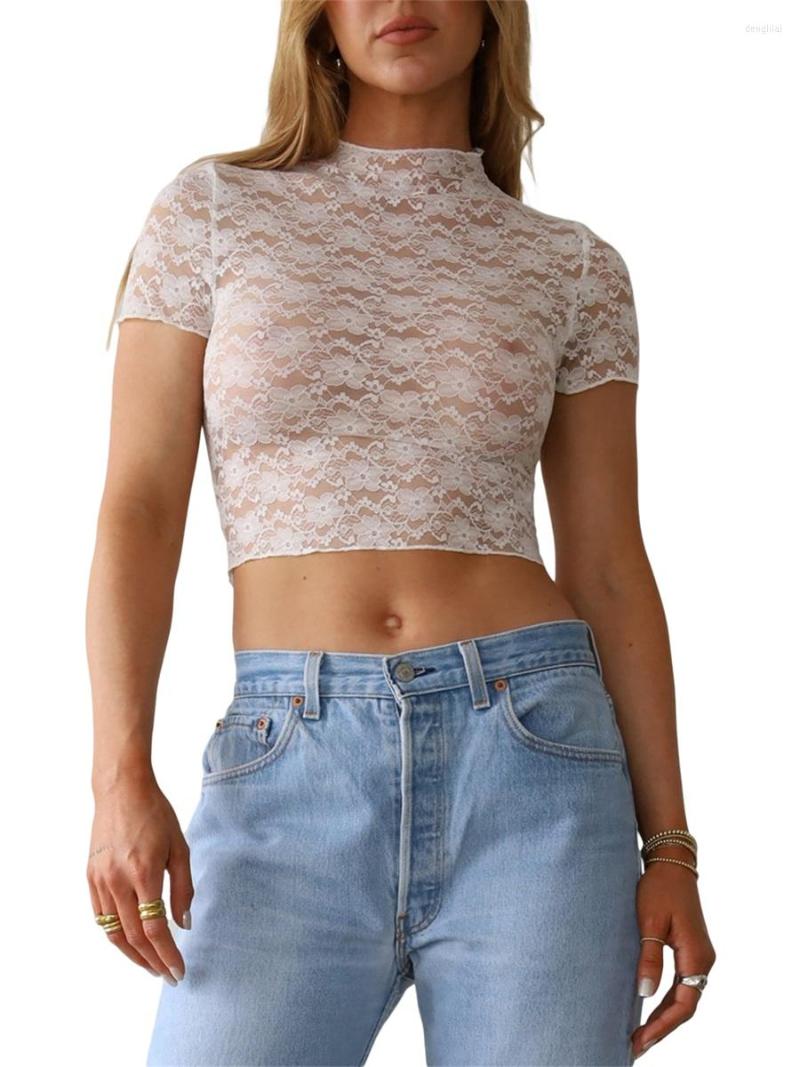 

Women' Tanks Women Lace T-shirt Short Sleeve Semi-high Neck See-through Summer Ladies Crop Top For Party Club, Black