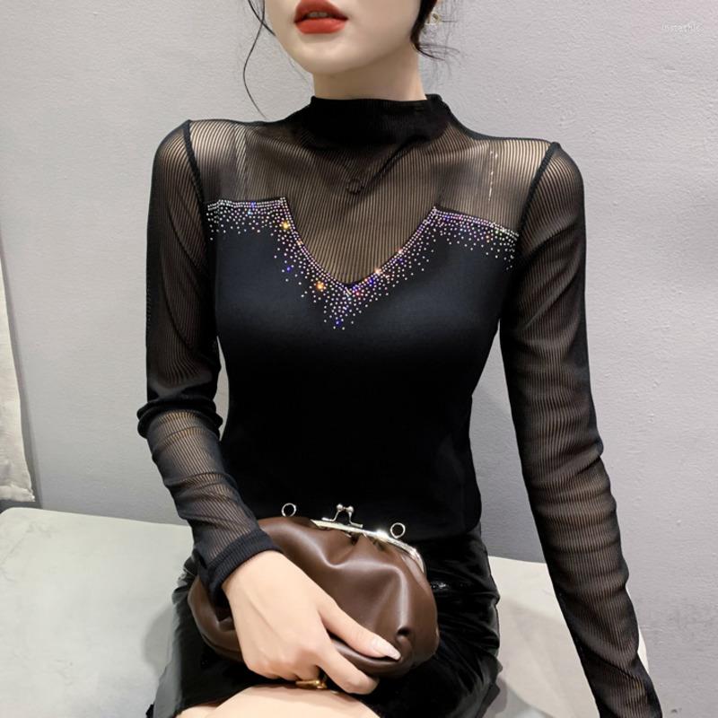 

Women's T Shirts #8366 Black Perspective Mesh Shirt Women Diamonds Sexy Korean Style Long Sleeve Female Office Womens Tshirt Tight