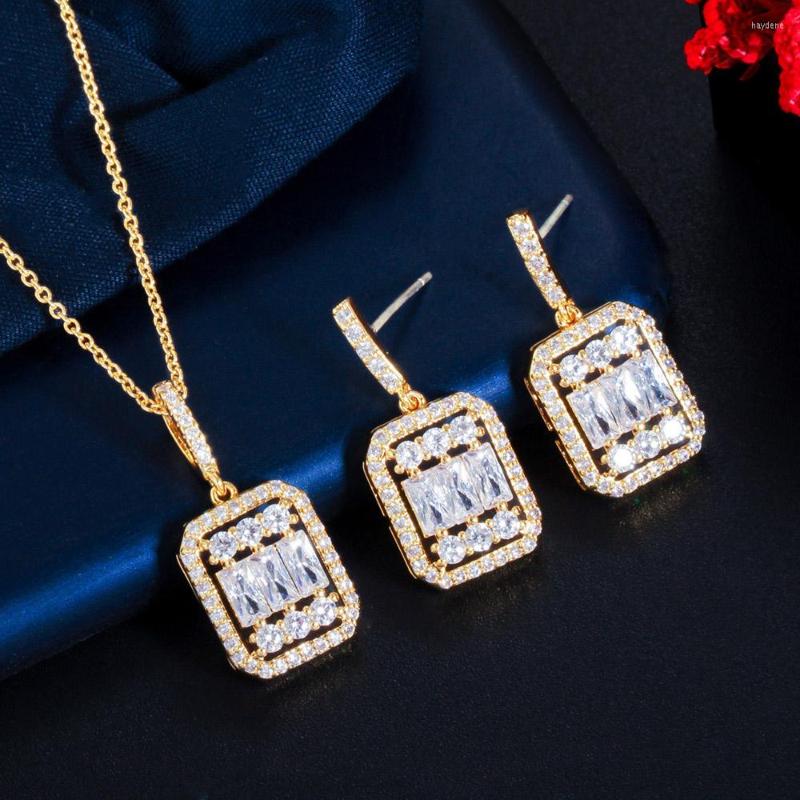 

Necklace Earrings Set ThreeGraces Brilliant Cubic Zirconia Gold Color Chic Square Drop And Pendant Party Jewelrt For Women JS609, Picture shown