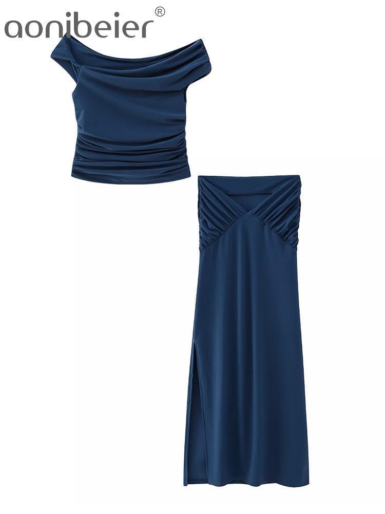 

Two Piece Dress Aonibeier Summer Women Suits Traf Ruched Sleeveless Asymmetric Off Shoulder Slim Crop Tops Female Maxi Skirt 2 Sets 230508, Only tops