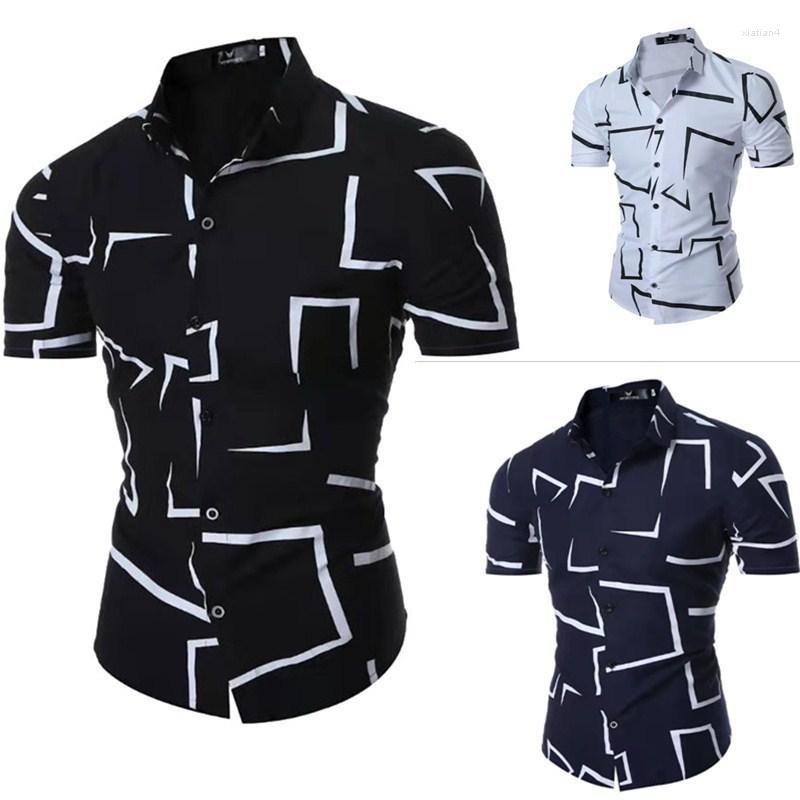 

Men's Casual Shirts 2023 Summer Geometric Printing Men Short Sleeve Shirt Fashion Polo Collar Mens Loose Male Tops, Navy blue