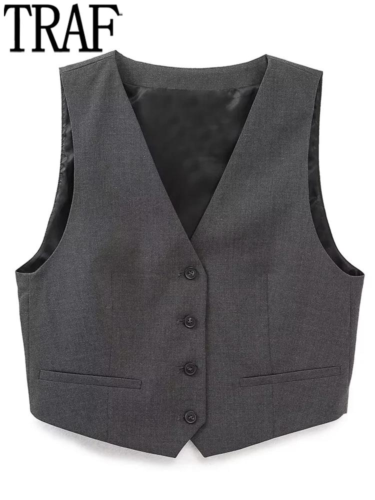 

Vests TRAF Grey Sleeveless Blazer Woman Jacket Cropped Jacket Women' Suit Vest Waistcoat Women Autumn 2022 Elegant Vests For Women, Dark grey