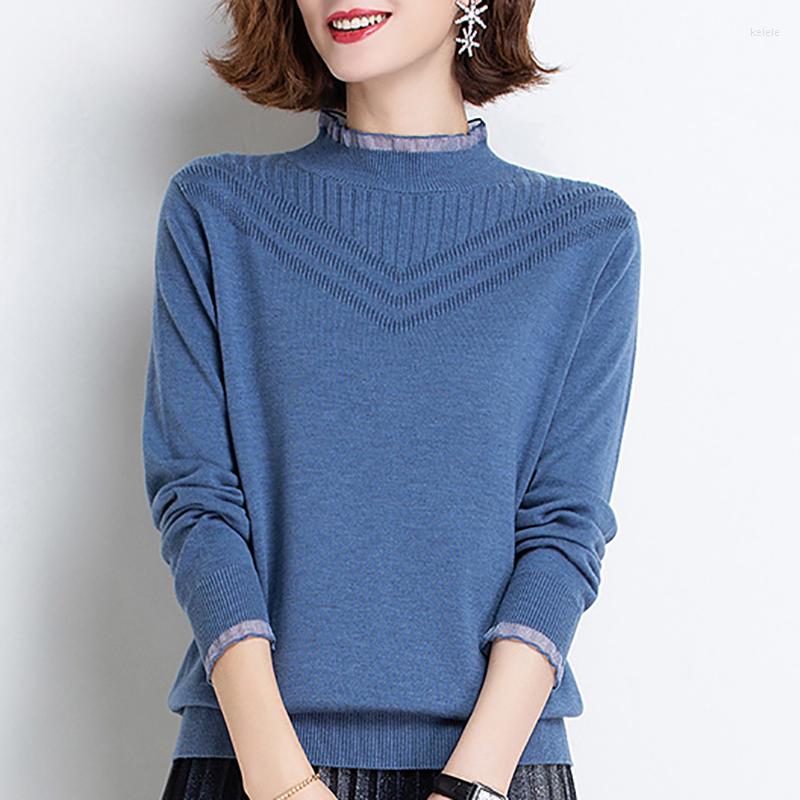 

Women's Sweaters Long Sleeve Elegant Womens 2023 Winter Lace Patchwork Half High Collar Korean Loose Casual Pullover Knit Sweater Female, Black