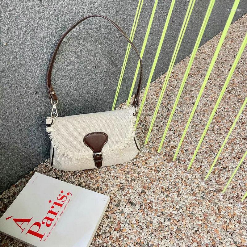 

Evening Bags FIRMRANCH Niche Design Retro Simple High-Quality Denim Leather Belt Buckle Tassel Lace Shoulder Underarm Bag Women's Purse, Beige