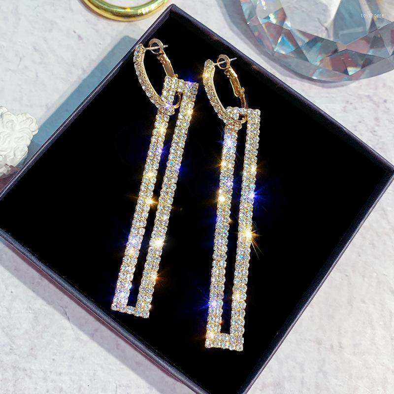 

Dangle Earrings Trendy Luxury Square Crystal Drop For Women Brilliant Gold Color Bridal Wedding Jewelry Female Gift