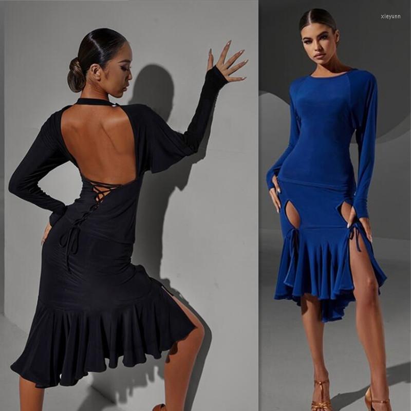 

Stage Wear Latin Leotard Skirt Salsa Dress Samba Blue Black Tango Blouse Top 2301