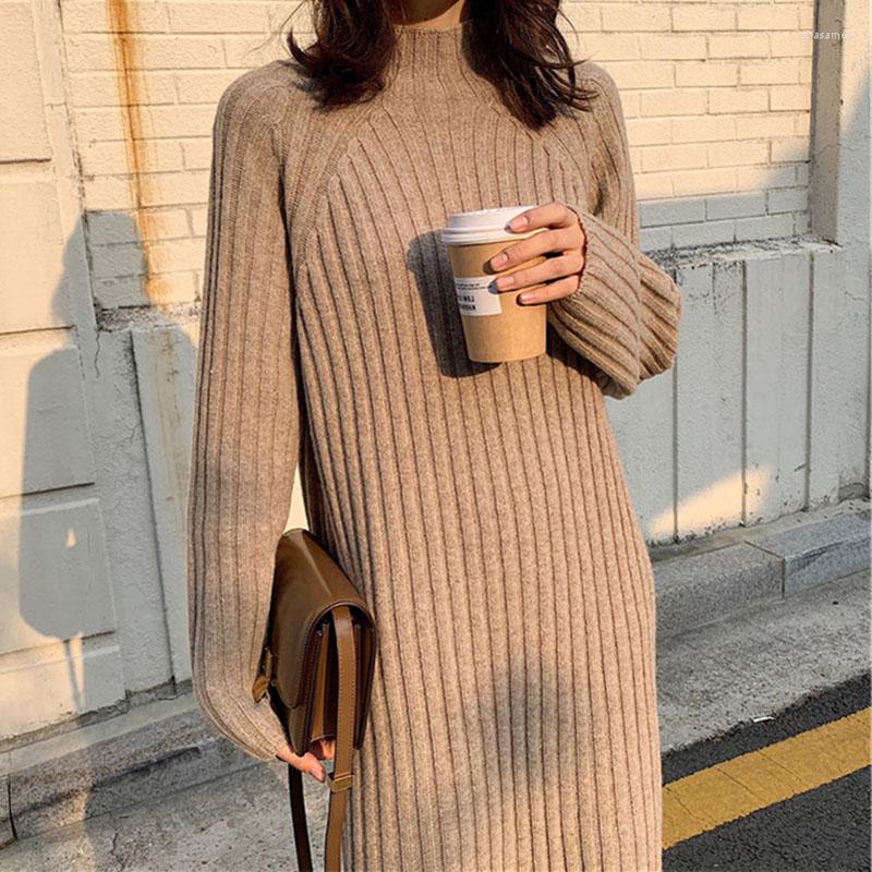 

Casual Dresses Autumn Winter Half High Collar Thickened Knitted Dress For Women Elegant Loose Long Sweater Korean Warm Slim 2023, Khaki