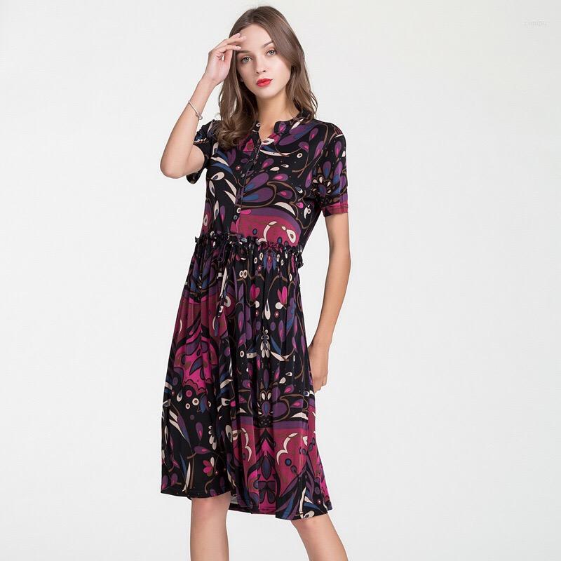 

Casual Dresses Fashion Summer Women Dress Real Silk Mid-calf V-neck Mid-waist Loose Elegant OL 9011, Color4