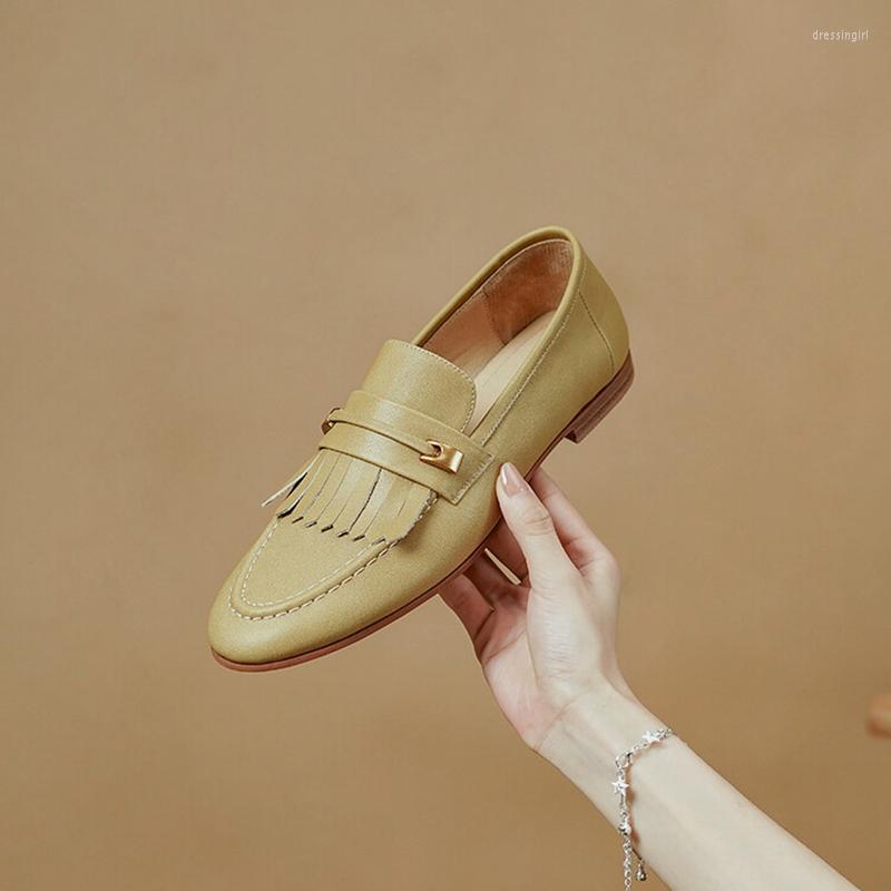 

Dress Shoes 2023 Spring Women Loafers Genuine Leather For Round Toe Chunky Heel Tassel Vintage Pumps Female, Light yellow